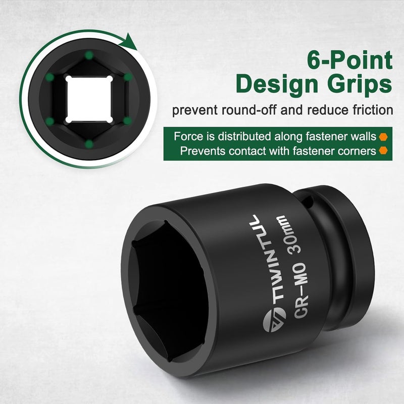 TIWINTUL 30mm Shallow Impact Socket, 1/2 Inch Drive 6 Point Design Impact Socket, Heat-Treated Chromium-Molybdenum Steel, ANSI Standards, Metric, Axle Nut Socket for Easy Removal of Axle Shaft Nuts - Image 3